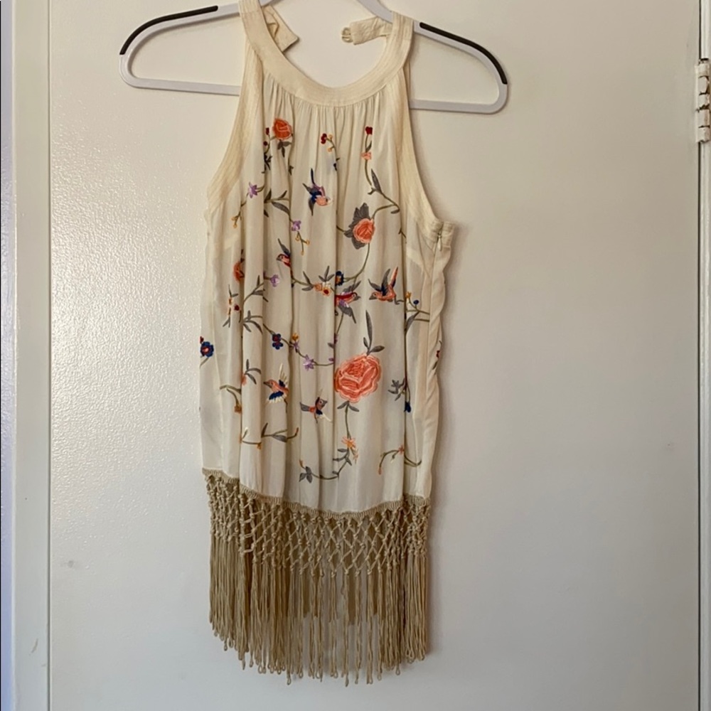 Anthropologie fringed embroidered top